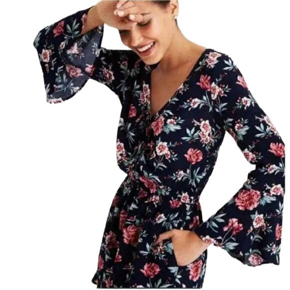 American Eagle Blue Floral Romper Long Bell Sleeve Boho Rose Crepe Cinch V-Neck - Picture 3 of 13